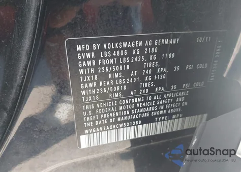2012 Volkswagen Tiguan Le/S/Se/Sel from USA, damaged, VIN WVGAV7AX6CW531369